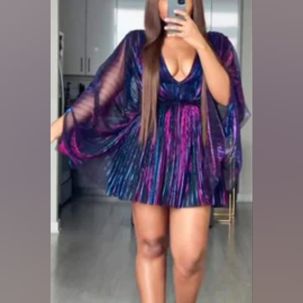 Xpluswear Plus Size Cocktail Party Batwing Sleeves Pleated Metallic Iridescent R
